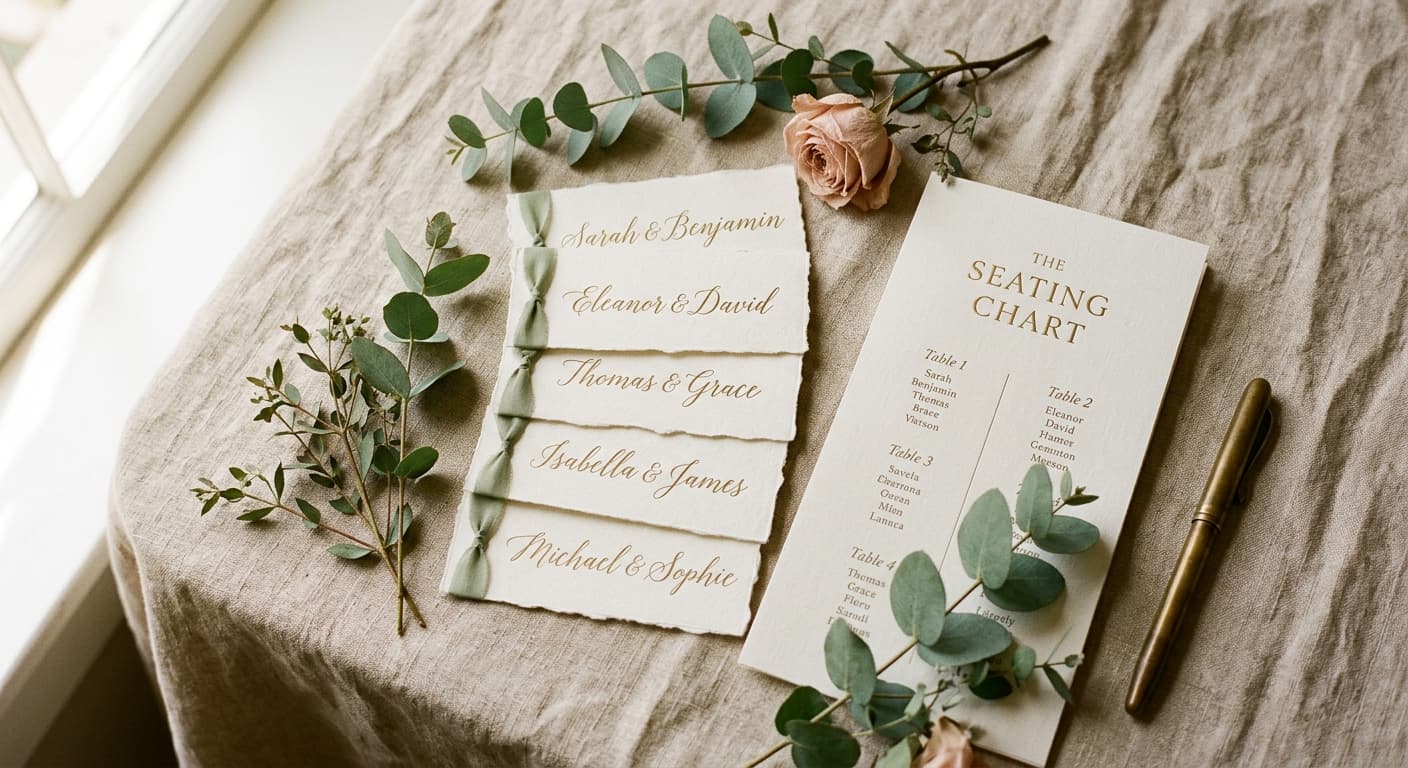 Place cards, a printed seating chart, and eucalyptus on a linen tablecloth