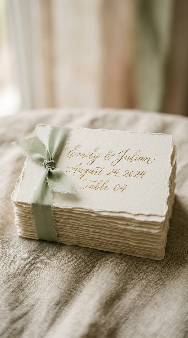 A stack of deckled place cards tied with a sage ribbon